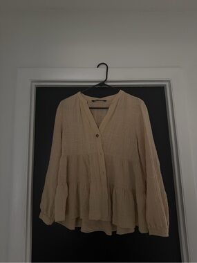 Zara Beige Tiered Button-Front Blouse